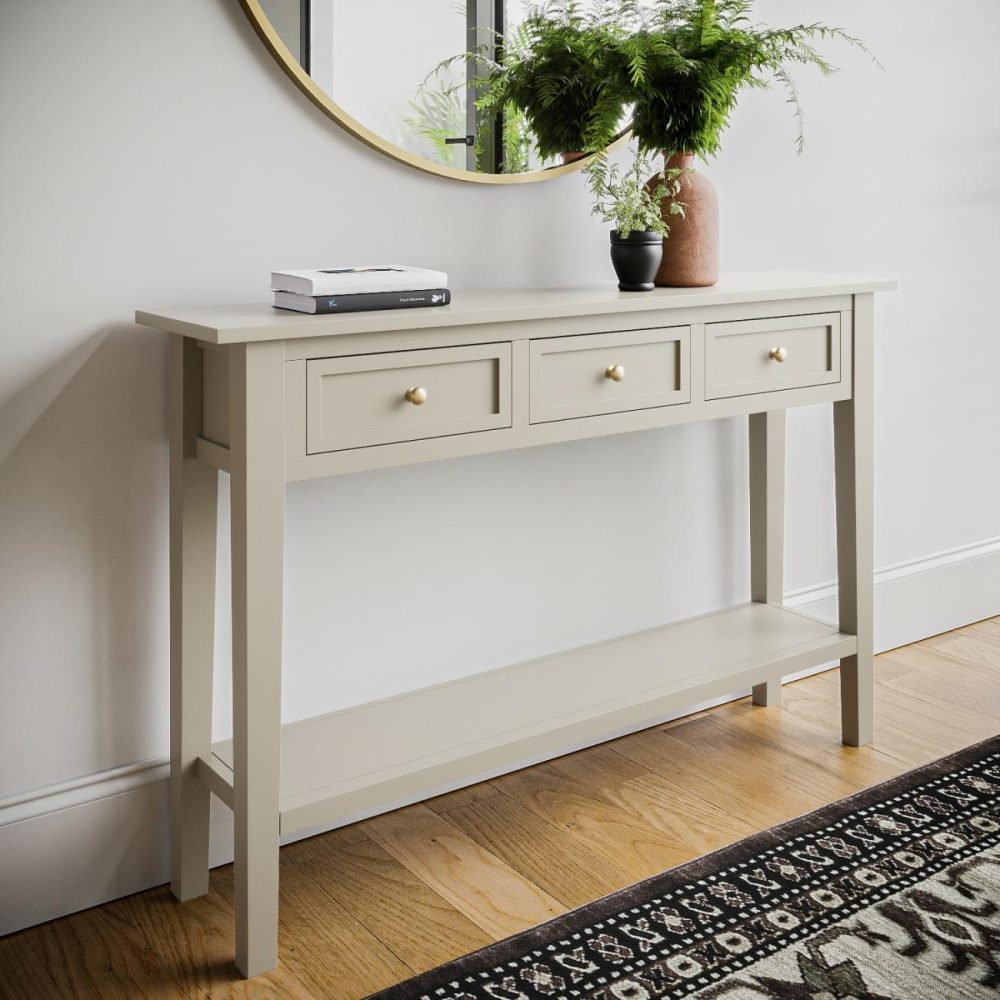 Large Narrow Taupe Wood Console Table With Drawers – Elms Console Tables