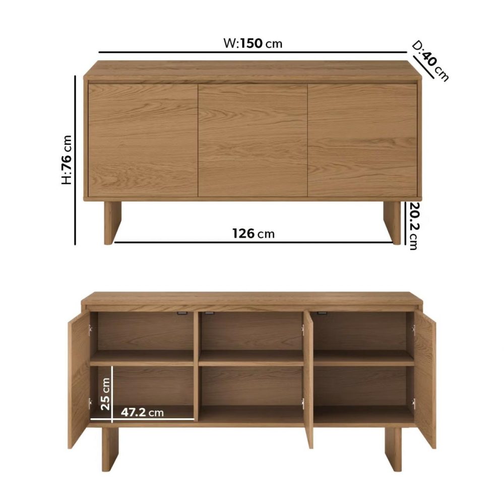 Large Rustic Oak Sideboard – 3 Doors – 150Cm – Mia Furniture