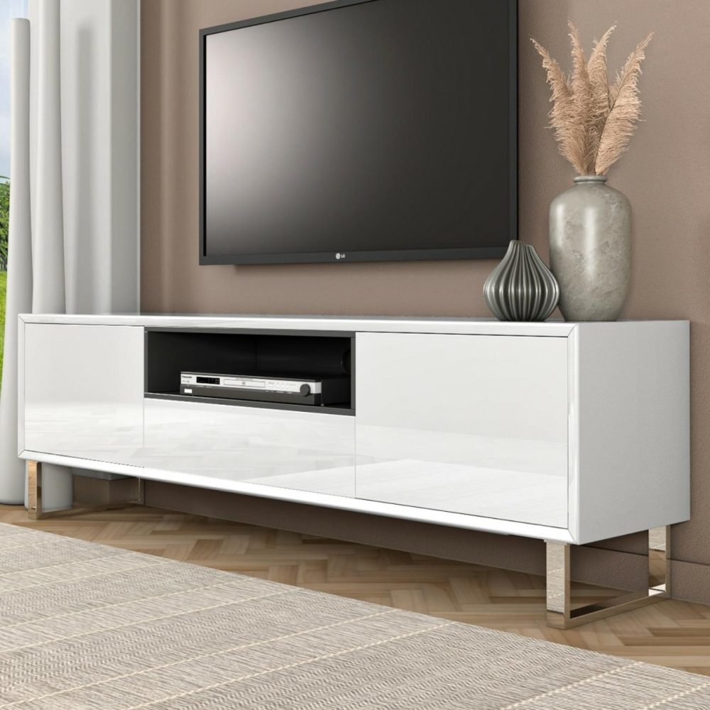 Large White Gloss Tv Stand With Storage – Tv’s Up To 77″ – Paloma Furniture