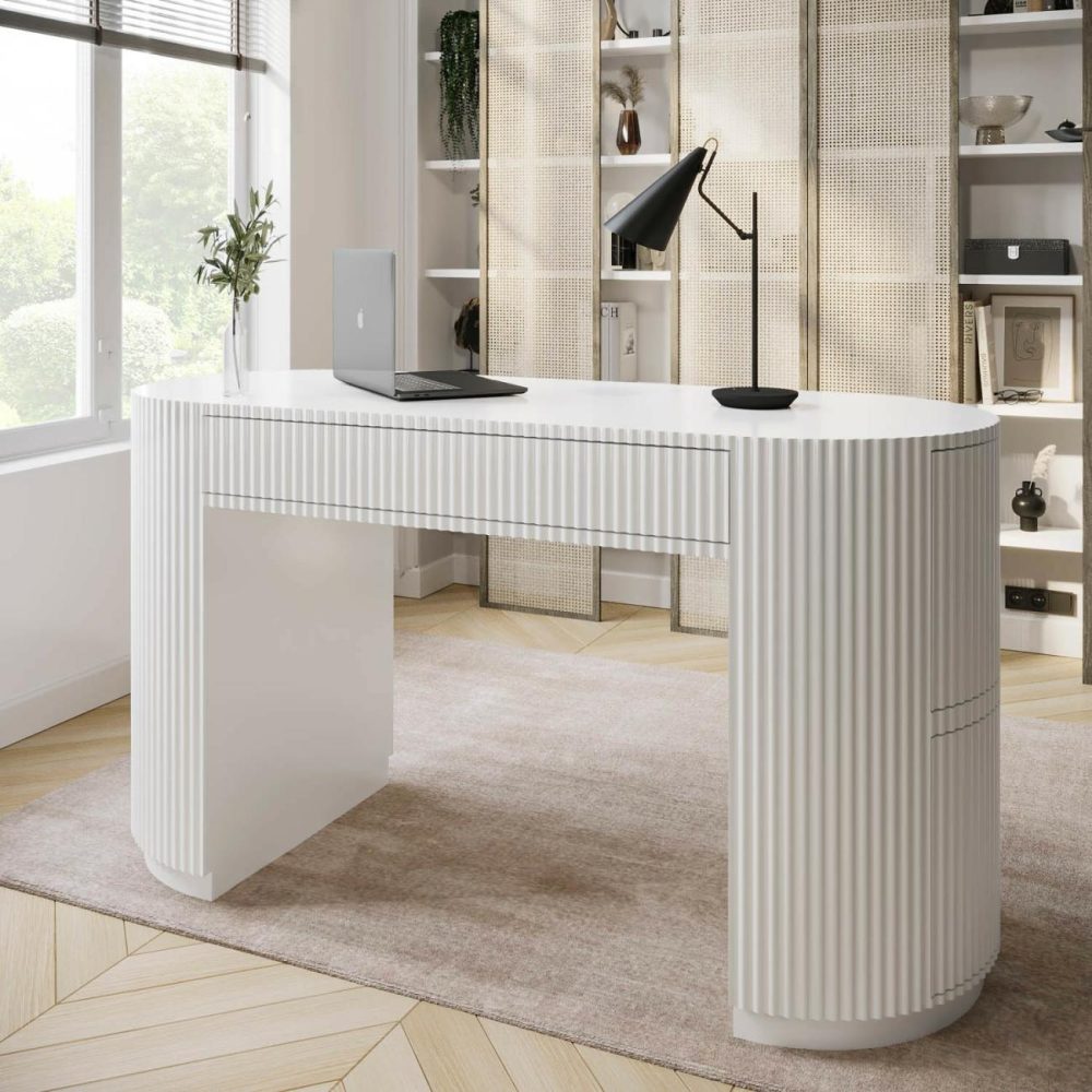 Large White Ribbed Desk With Drawers – Finn Office