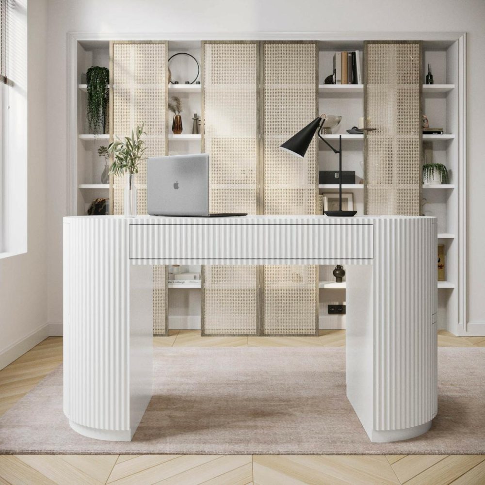 Large White Ribbed Desk With Drawers – Finn Office