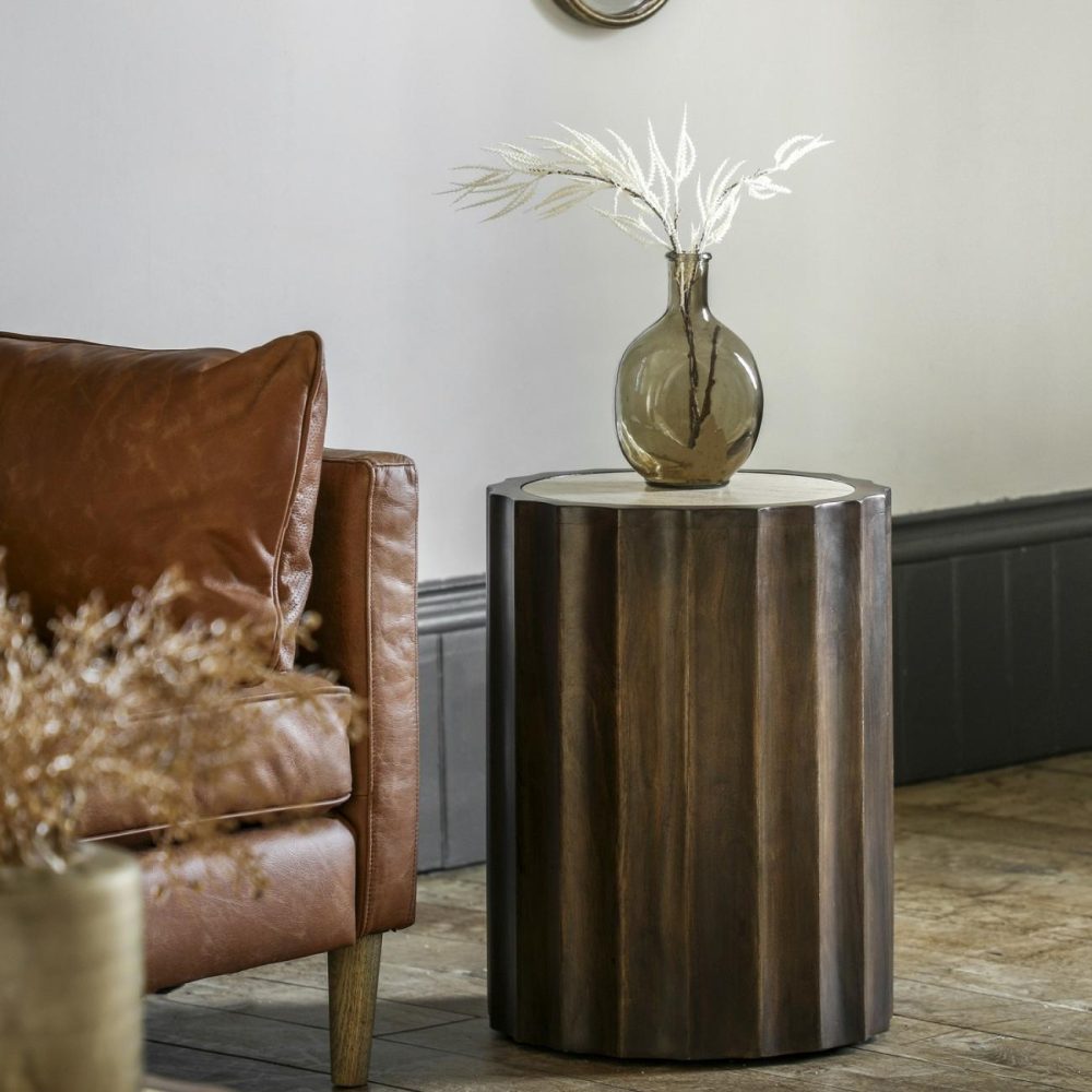 Mango Wood Side Table With Travertine Top – Cascia – Caspian House Living Room