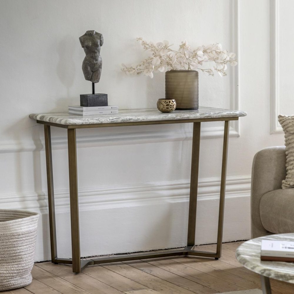 Marble Effect Green Round Console Table With Brass Legs – Lusso – Caspian House Console Tables