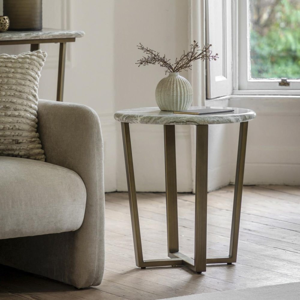 Marble Effect Green Round Side Table With Brass Legs – Lusso – Caspian House Living Room