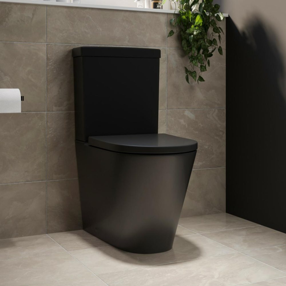 Matt Black Close Coupled Rimless Closed Back Toilet With Soft Close Seat – Newport Bathroom