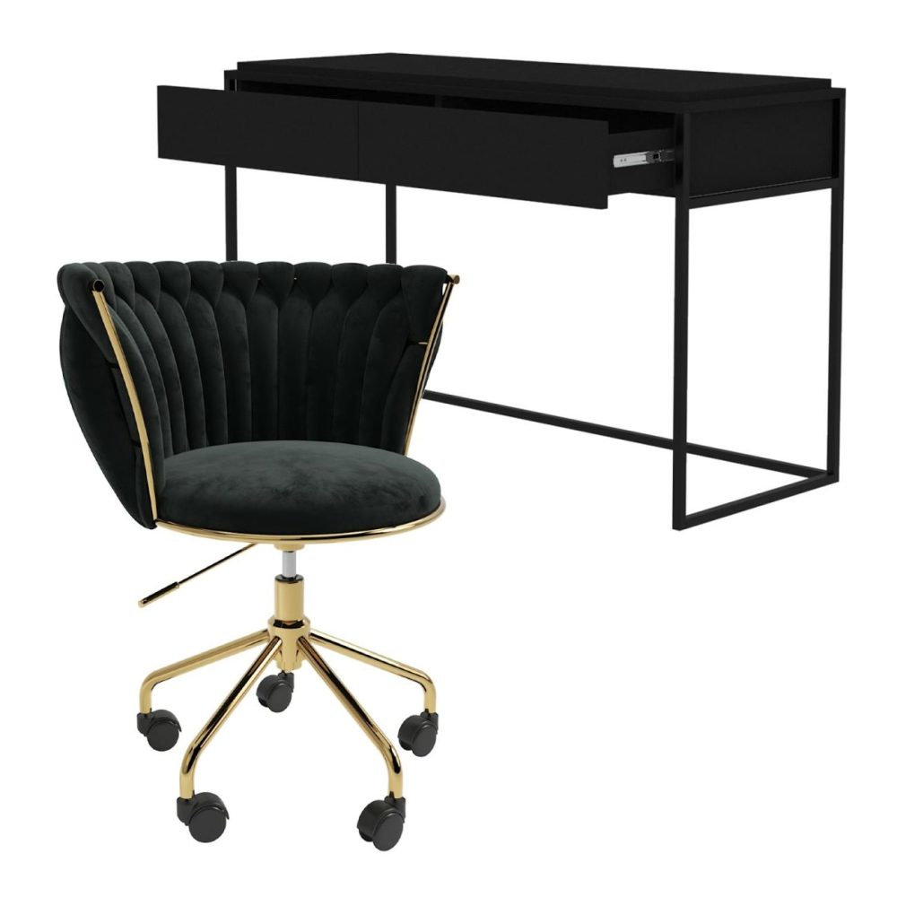 Matt Black Computer Desk With Drawer & Black Velvet Knotted Office Chair Set – – Verity Furniture Sets