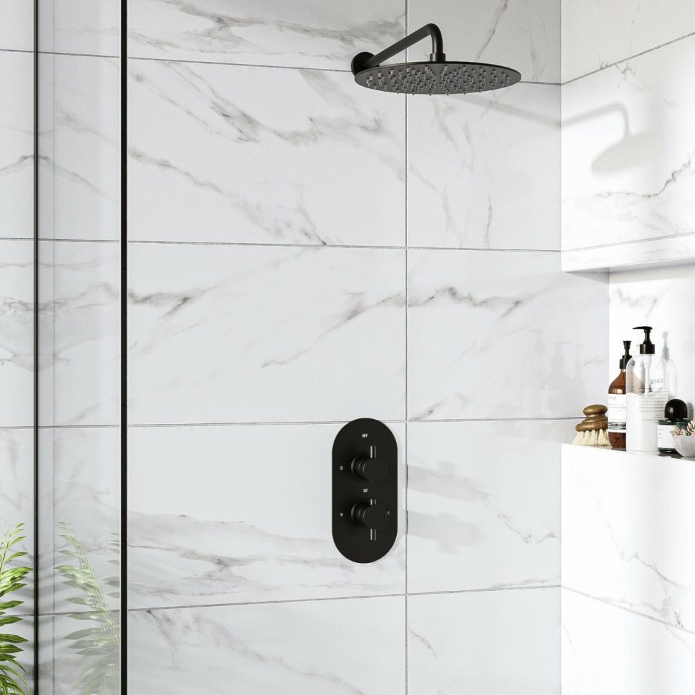 Matt Black Dual Control Concealed Valve – 1 Outlet & Matt Black Shower Head & Wall Arm Bathroom