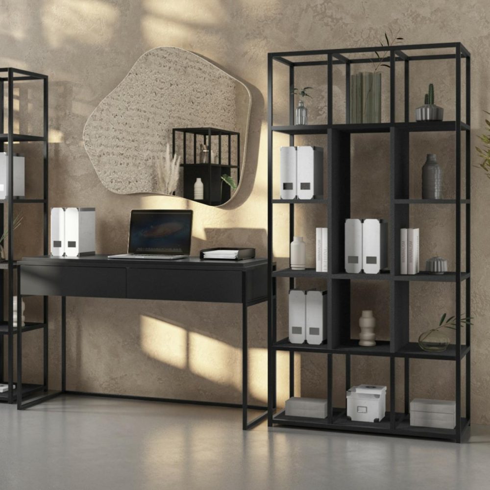 Matt Black Office Desk And Tall Metal Bookcase Set – Larsen Furniture Sets