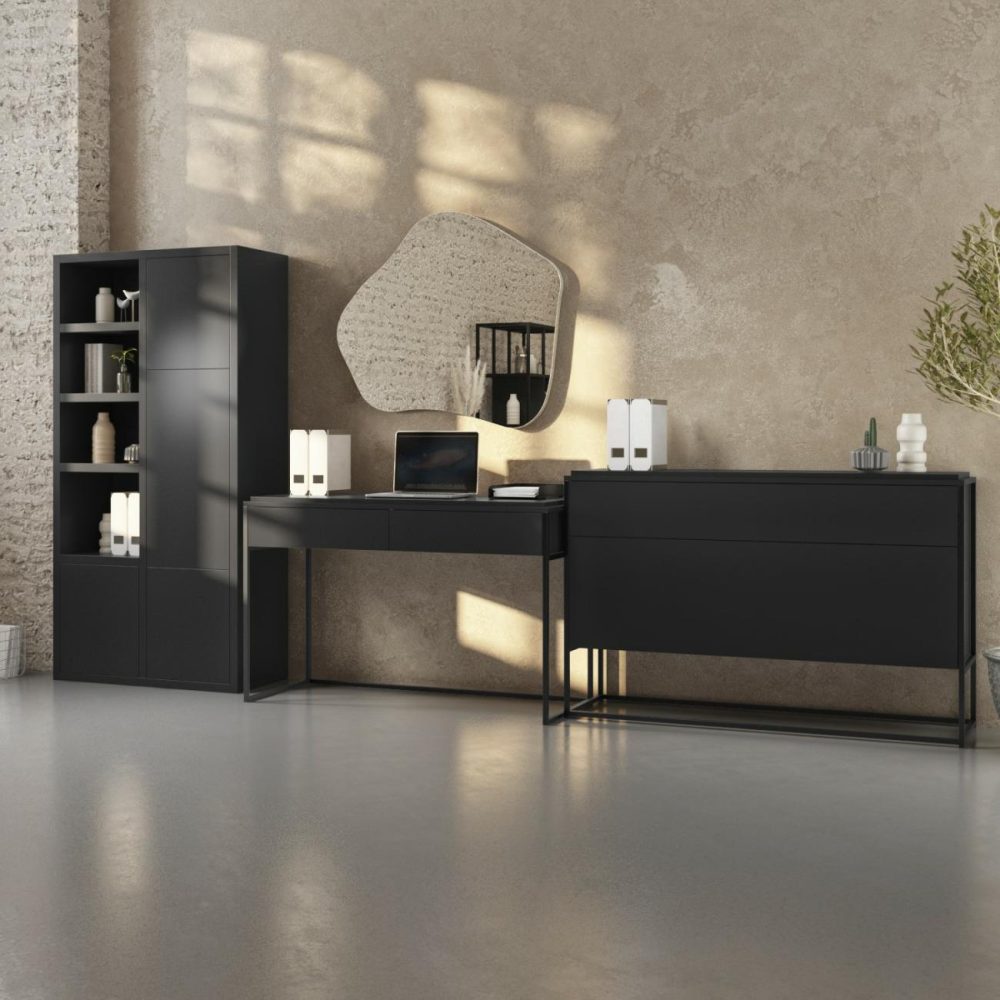 Matt Black Office Desk With Bookcase And Storage Cabinet Set – Larsen Furniture Sets