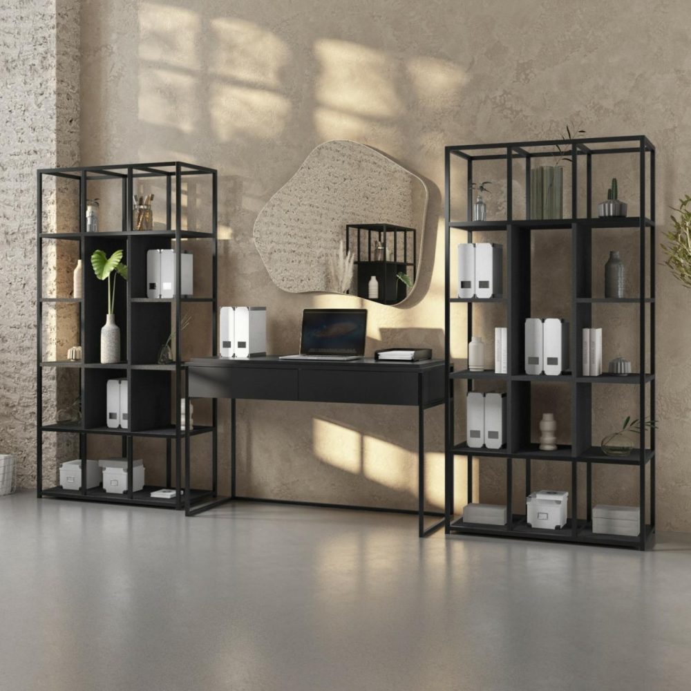 Matt Black Office Desk With Two Bookcase Set – Larsen Furniture Sets