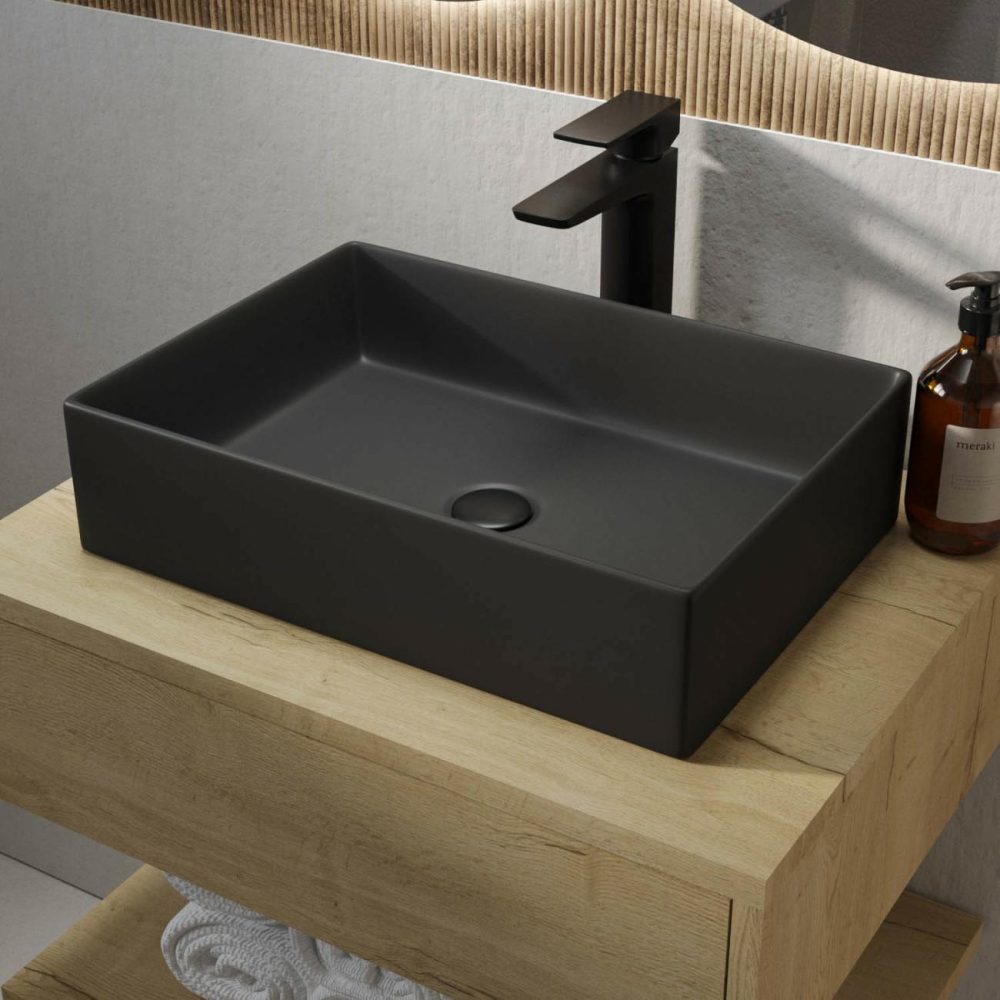 Matt Black Rectangular Countertop Basin 450Mm – Corey Basins