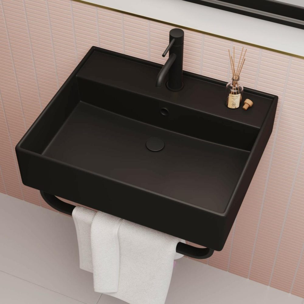 Matt Black Square Wall Hung Basin With Black Rack 497Mm – Bowen Basins