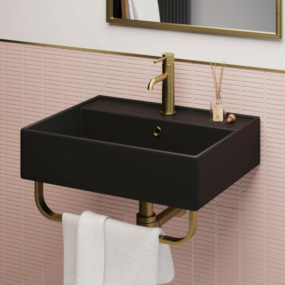 Matt Black Square Wall Hung Basin With Brass Rack 497Mm – Bowen Basins