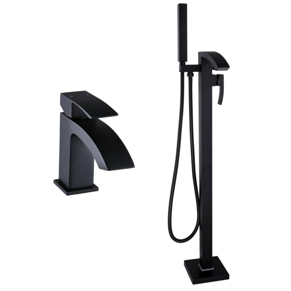 Matt Black Waterfall Freestanding Tap & Basin Tap Pack – Wave Bathroom