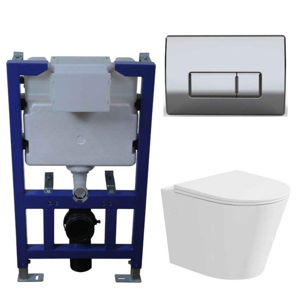 Matt White Wall Hung Rimless Toilet With Soft Close Seat Chrome Pneumatic Flush Plate 820Mm Frame & Cistern – Verona Bathroom