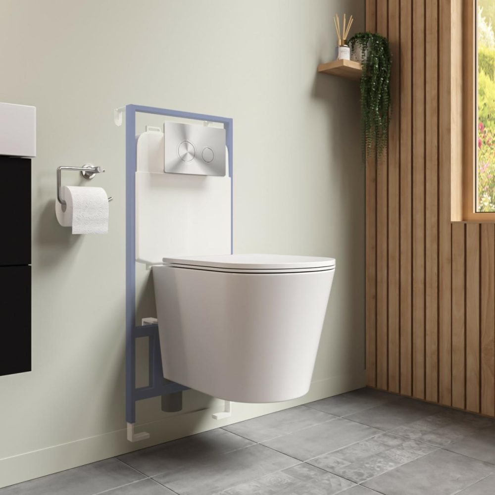 Matt White Wall Hung Rimless Toilet With Soft Close Seat Cistern Frame And Chrome Flush – Verona Bathroom