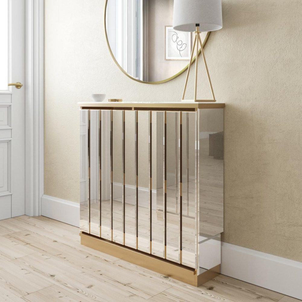 Narrow Mirrored Radiator Cover With Gold Detail – 78Cm – Sophia Dining