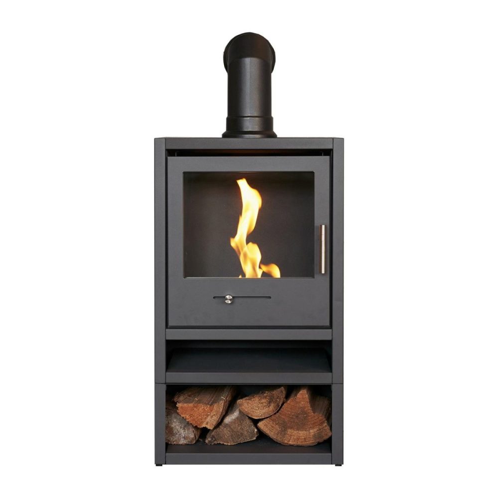 Oko S1 Bio Ethanol Stove With Log Storage In Charcoal Grey & Angled Stove Pipe – Adam Bio Ethanol