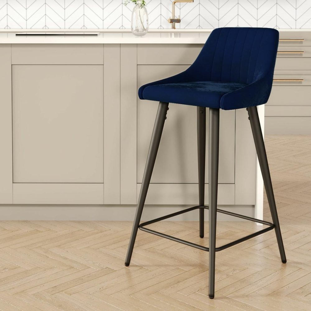 Only Opened – Navy Velvet Kitchen Stool With Back – 66Cm – Macie Bar & Kitchen Stools