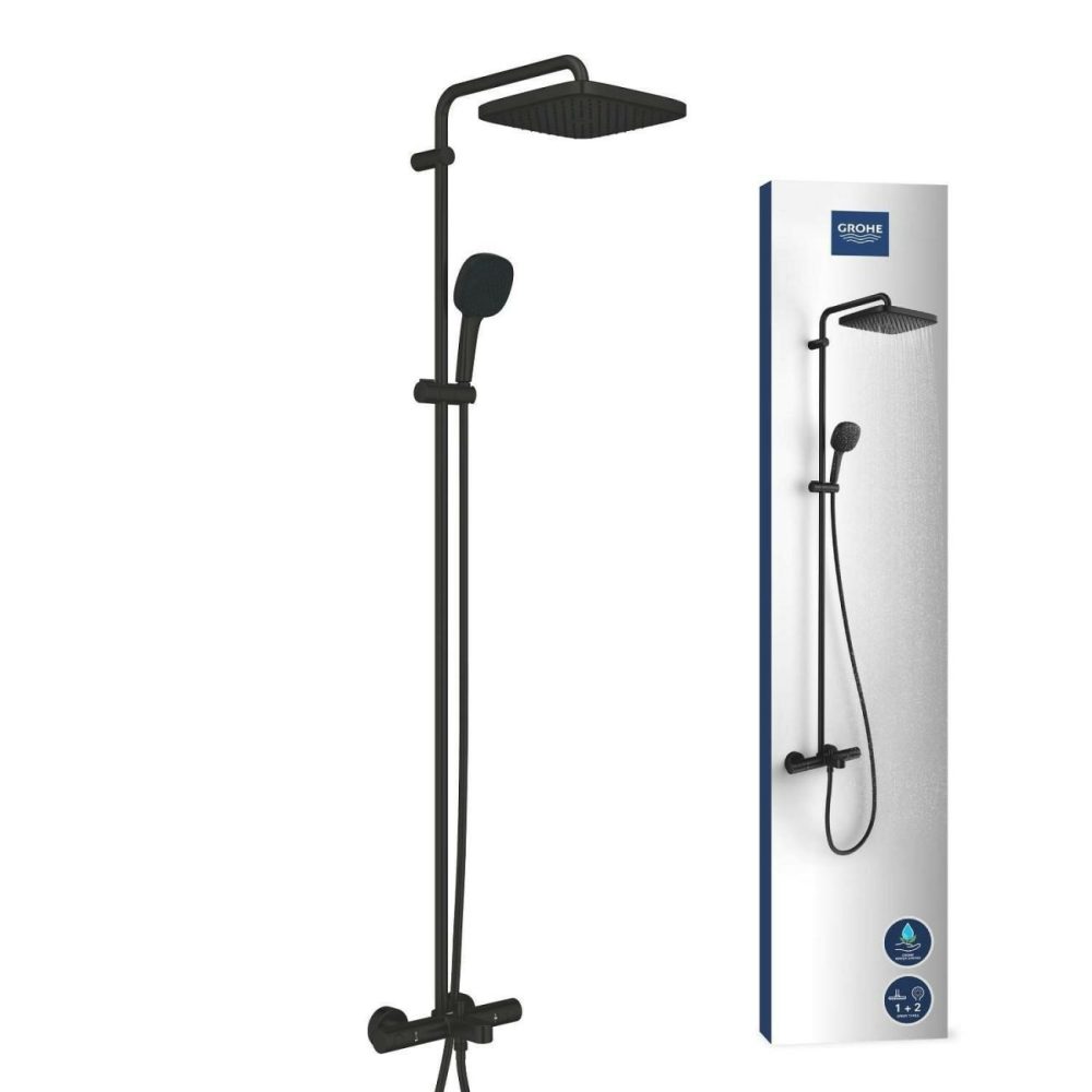 Quickfix Black Vitalio Comfort 250 Shower System With Bath Thermostat For Wall Mounting Bathroom