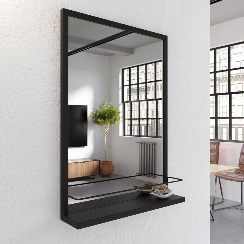 Rectangular Black Mirror With Shelf – 50 X 70Cm – Iona Dining