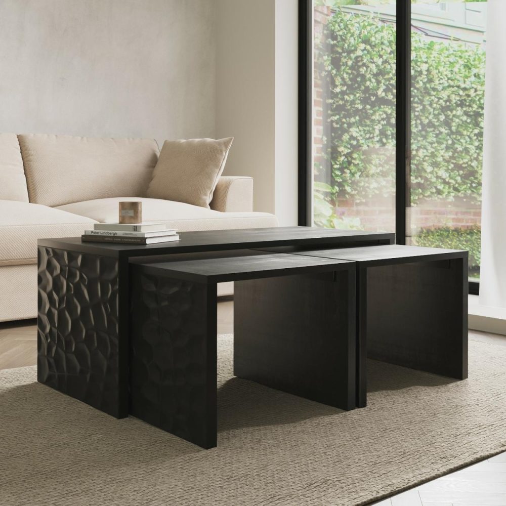 Rectangular Black Solid Mango Wood Nest Of 3 Coffee Tables – Neesha Living Room