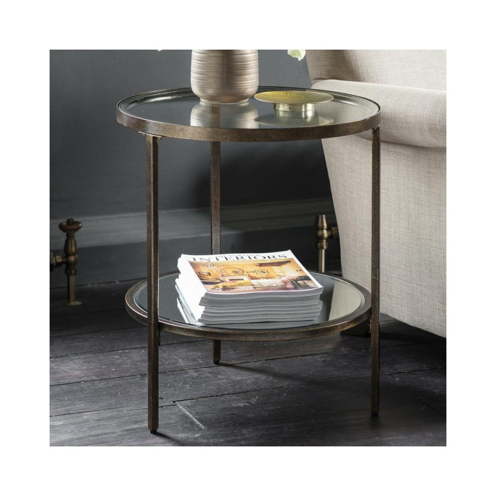 Round Bronze Glass Top Side Table With Storage – Hudson Living Room