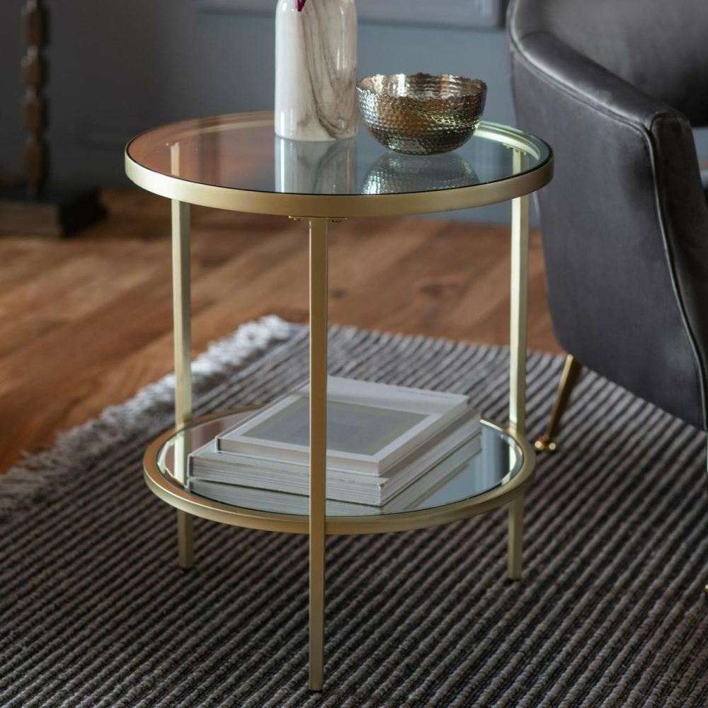 Round Gold Glass Top Side Table With Storage – Hudson Living Room