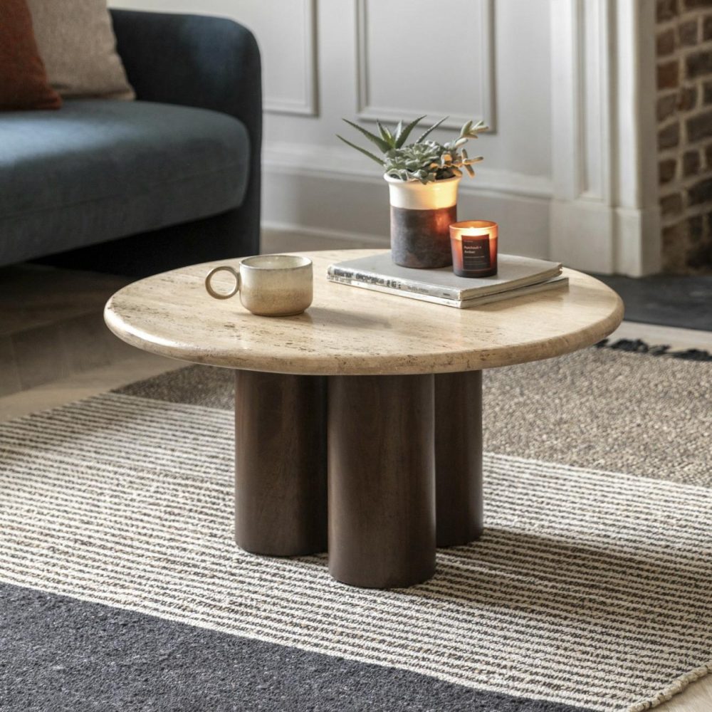 Round Travertine Coffee Table With Mango Wood Legs – Trevi – Caspian House Living Room