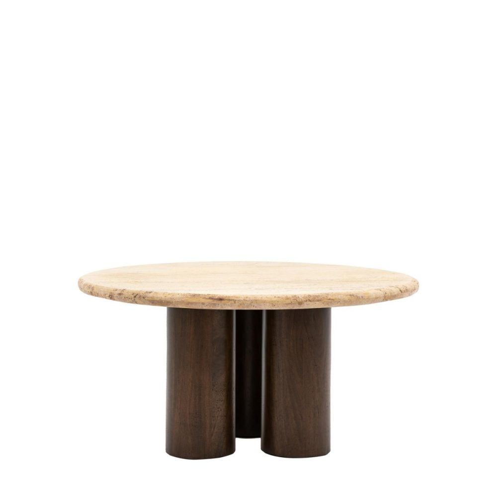 Round Travertine Coffee Table With Mango Wood Legs – Trevi – Caspian House Living Room