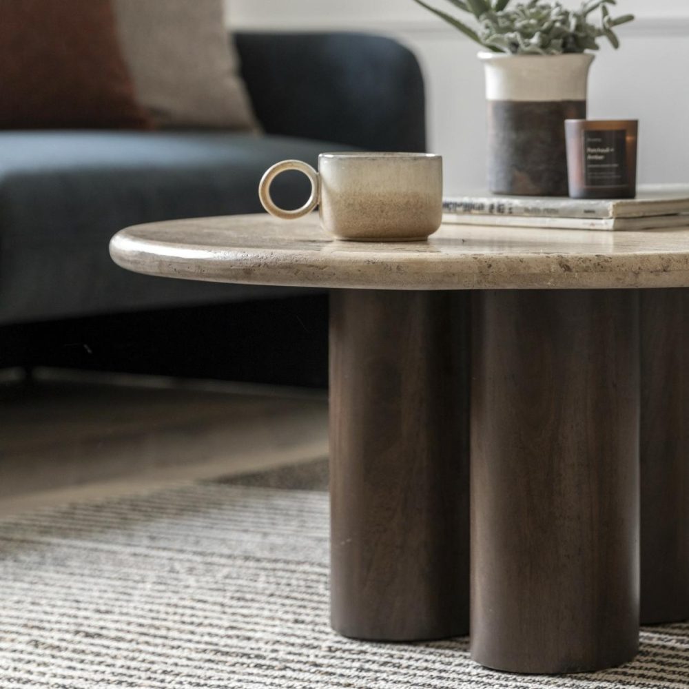 Round Travertine Coffee Table With Mango Wood Legs – Trevi – Caspian House Living Room