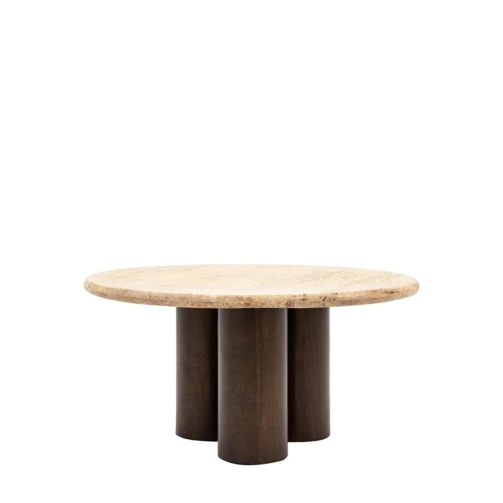 Round Travertine Coffee Table With Mango Wood Legs – Trevi – Caspian House Living Room