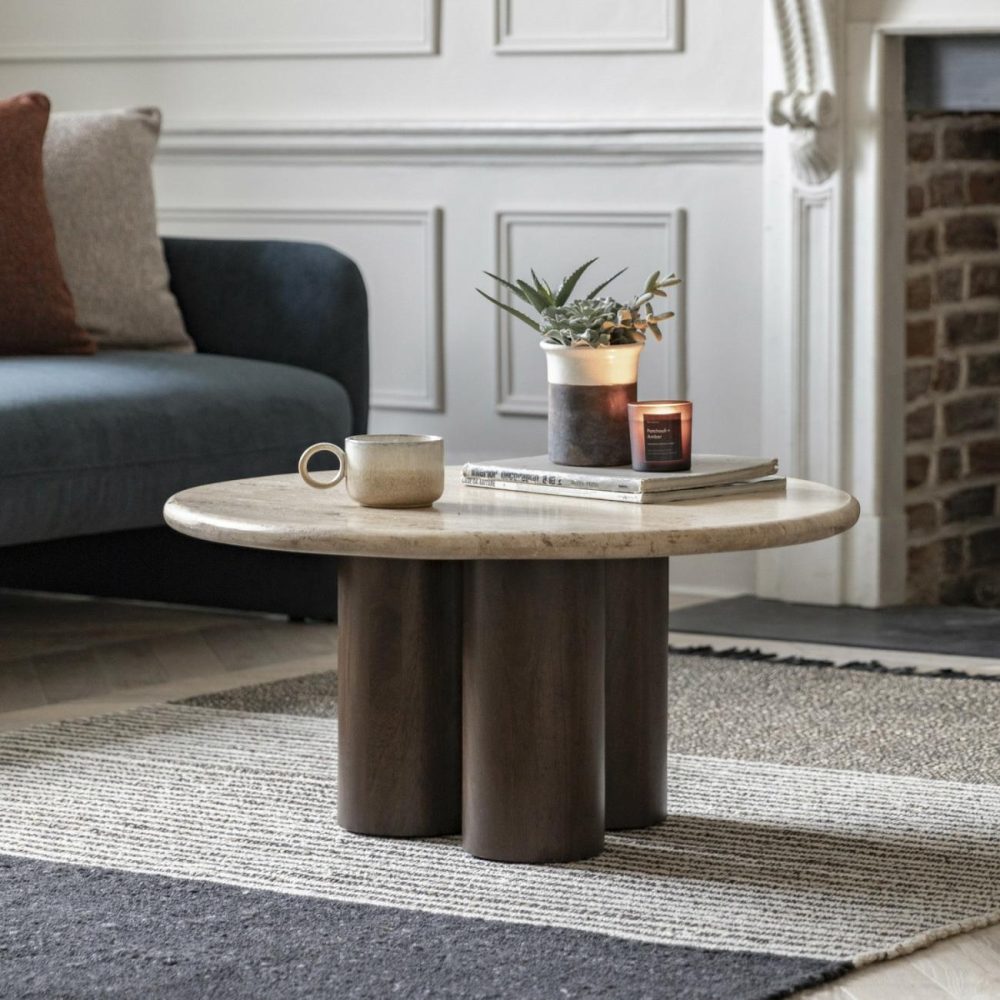 Round Travertine Coffee Table With Mango Wood Legs – Trevi – Caspian House Living Room