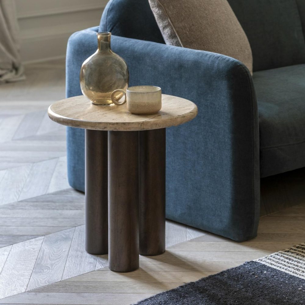 Round Travertine Side Table With Mango Wood Legs – Trevi – Caspian House Living Room