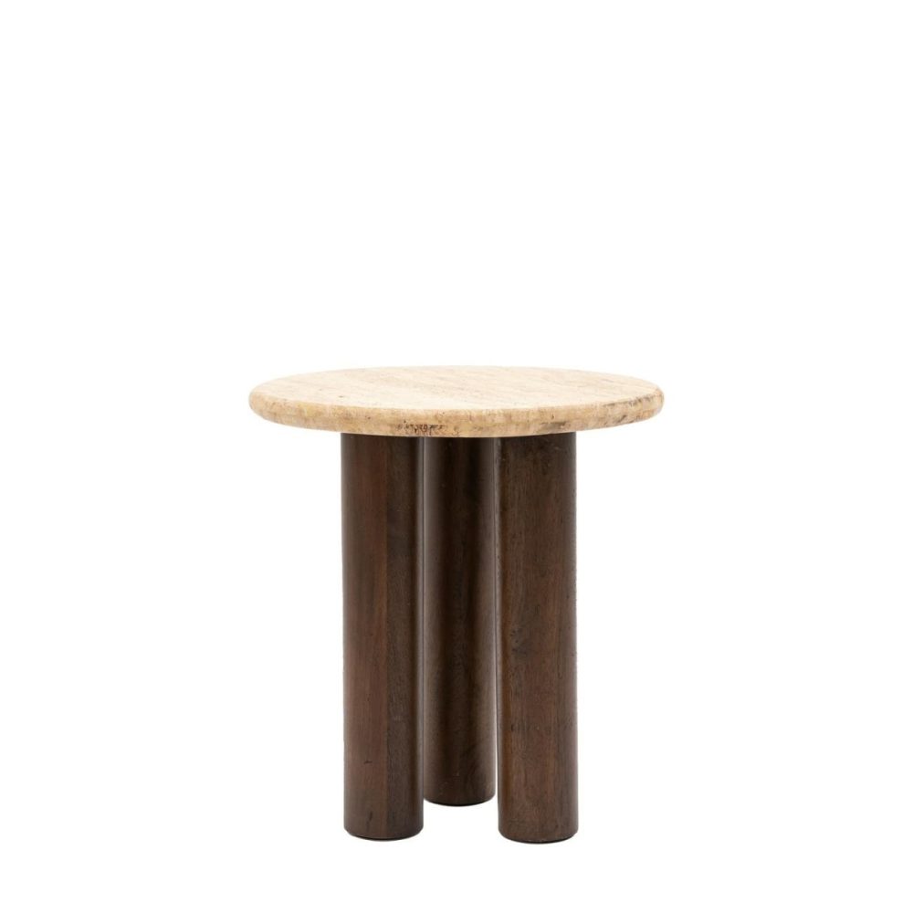 Round Travertine Side Table With Mango Wood Legs – Trevi – Caspian House Living Room