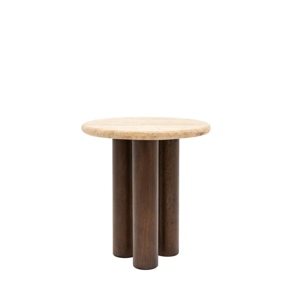 Round Travertine Side Table With Mango Wood Legs – Trevi – Caspian House Living Room