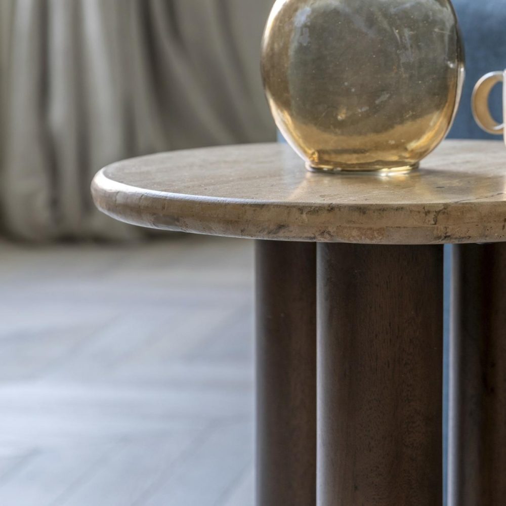 Round Travertine Side Table With Mango Wood Legs – Trevi – Caspian House Living Room