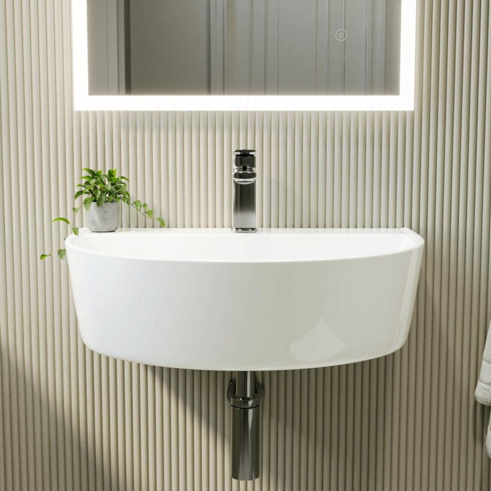 Round Wall Hung Basin 607Mm With Chrome Tap Bottle Trap And Waste – Milos Basins