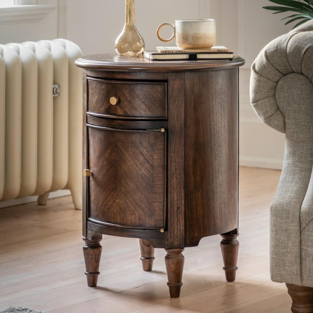 Round Walnut Side Table With Storage Cupboard And Drawer – Madie Living Room