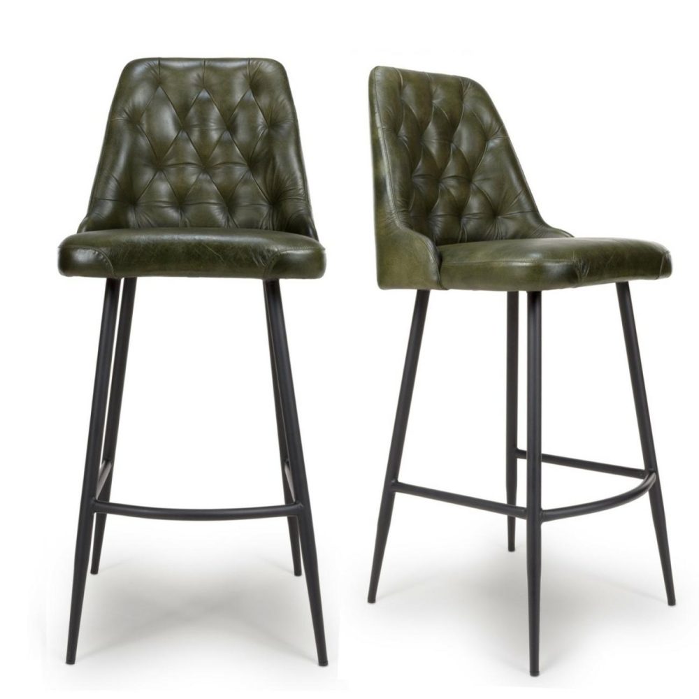 Set Of 2 Leather Green Kitchen Stools With Quilted Back- Jaxson Dining