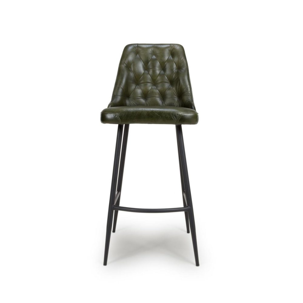 Set Of 2 Leather Green Kitchen Stools With Quilted Back- Jaxson Dining