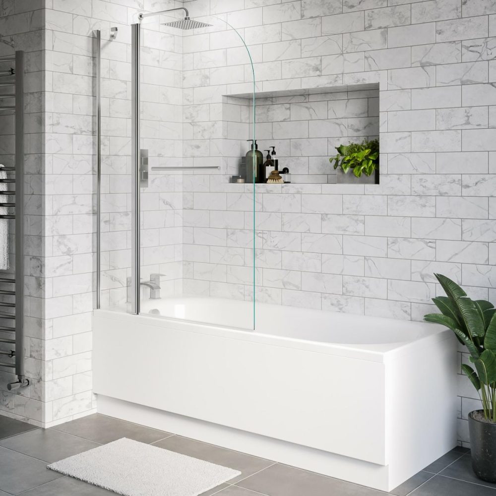 Single Ended Shower Bath With Front Panel & Hinged Chrome Bath Screen With Towel Rail 1800 X 700Mm – Alton Bathroom