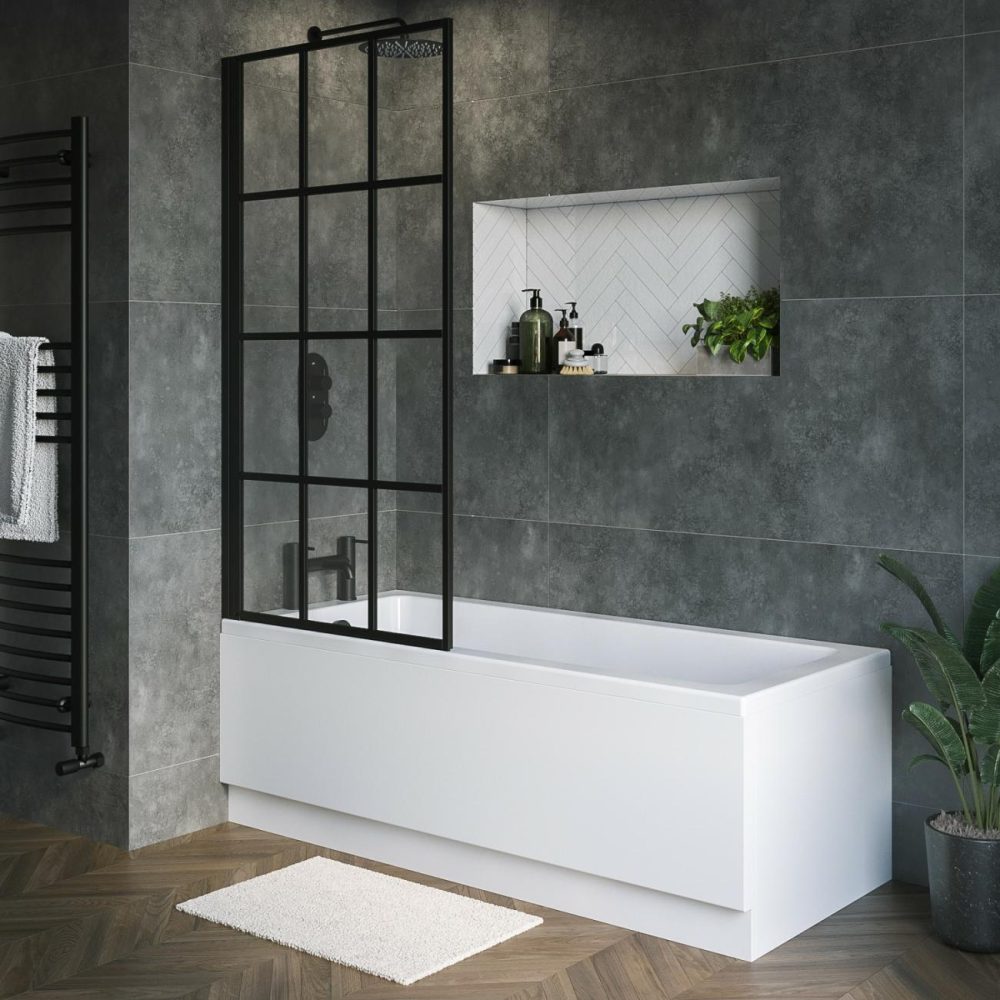 Single Ended Square Bath With Front Panel & Black Grid Screen – Left Hand 1600 X 700 Bathroom