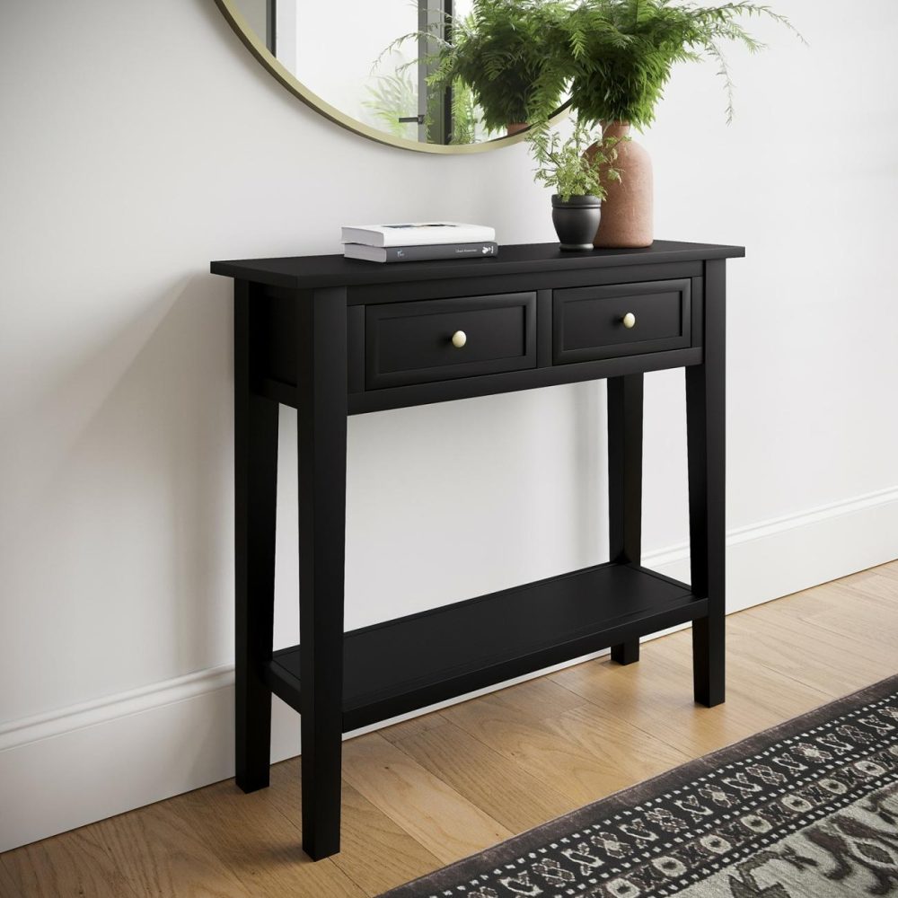 Small Narrow Black Wood Console Table With Drawers – Elms Console Tables