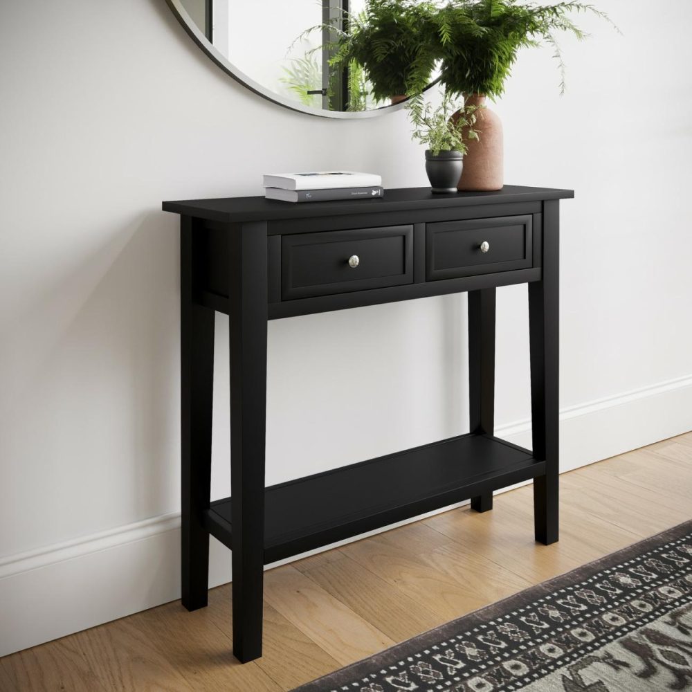 Small Narrow Black Wood Console Table With Drawers – Elms Console Tables