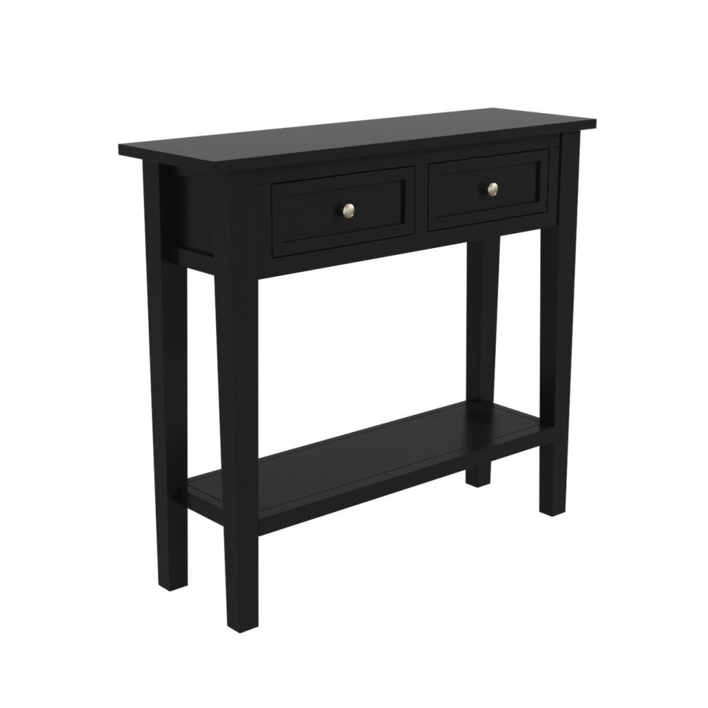 Small Narrow Black Wood Console Table With Drawers – Elms Console Tables