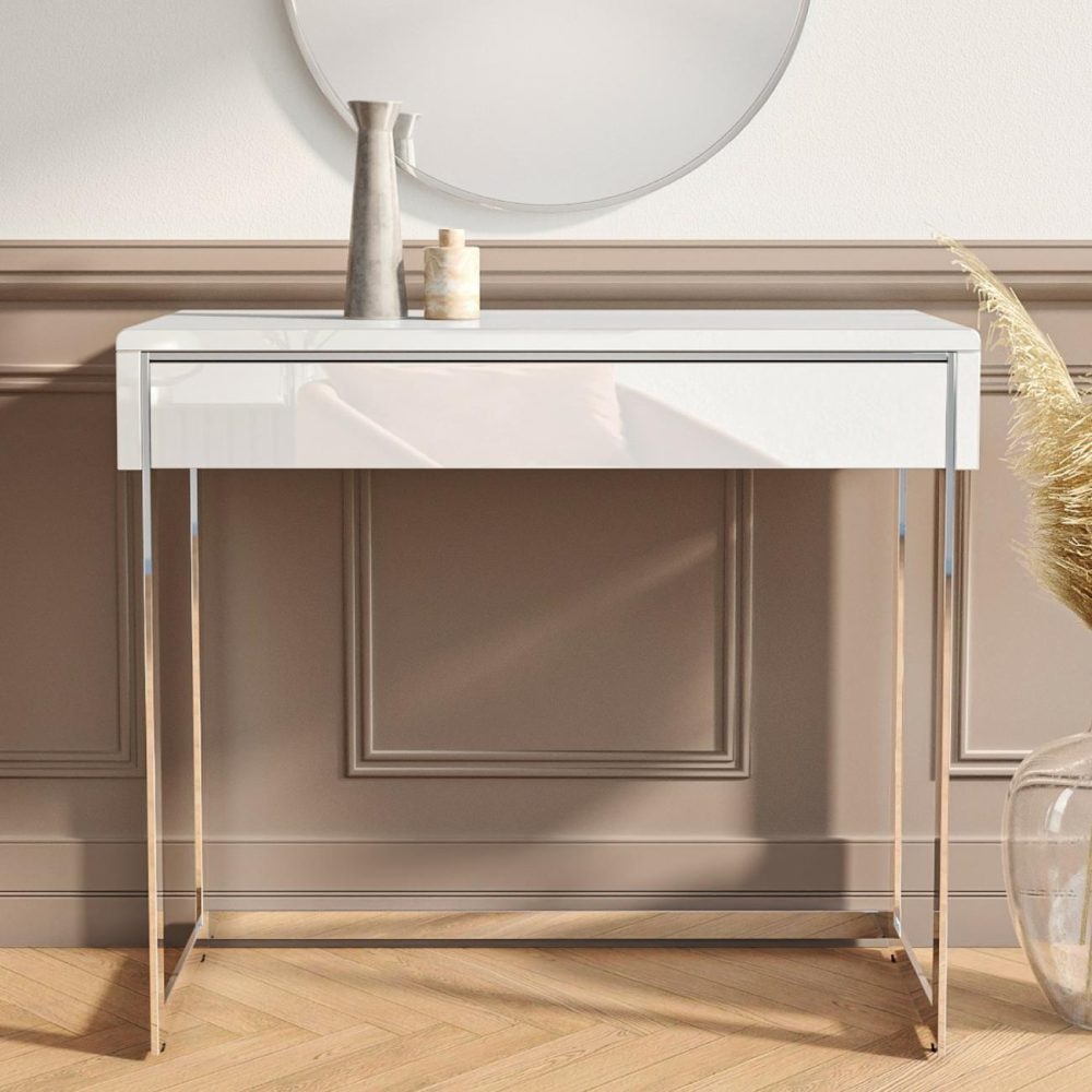 Small White High Gloss Console Table With Drawer – Tiffany Console Tables