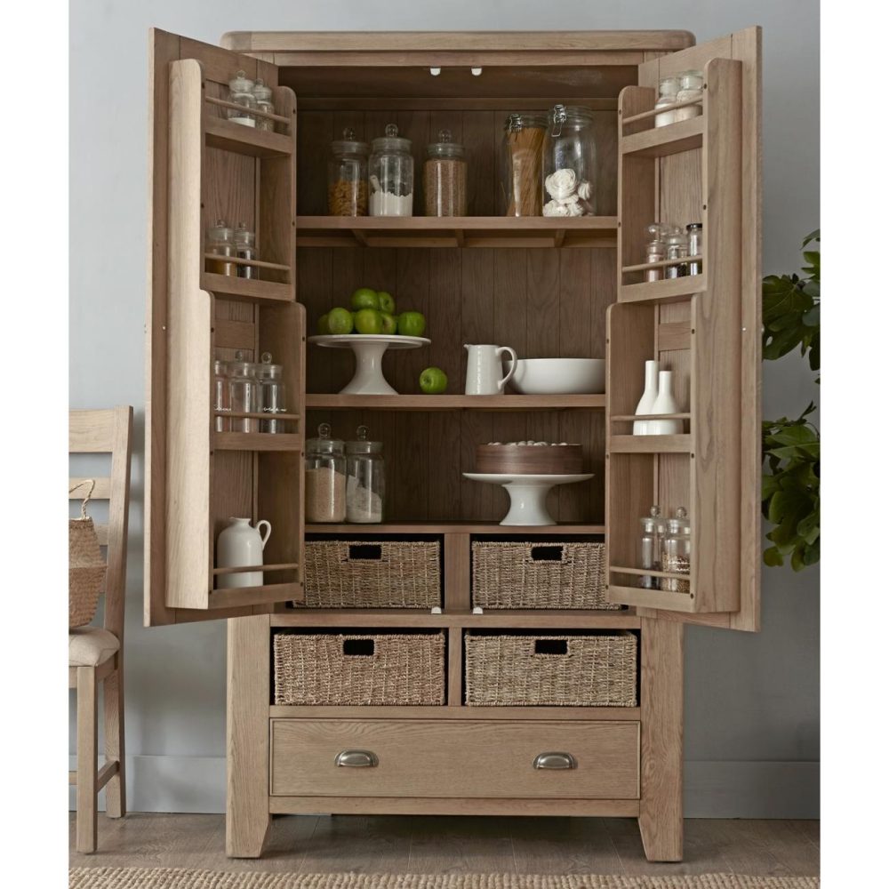 Smoked Oak Kitchen Larder With Wicker Baskets Dining