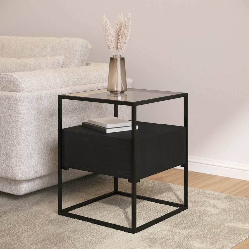 Square Black Glass Top Side Table With Storage – Akila Living Room