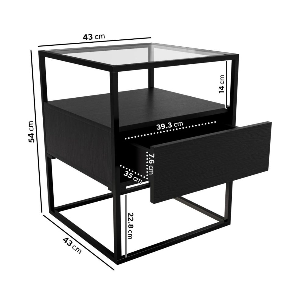 Square Black Glass Top Side Table With Storage – Akila Living Room